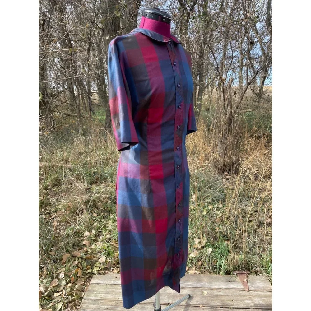 Vintage 1970s Button Front Shirt Dress Plaid Hob Nobber Size Large - Picture 9 of 15